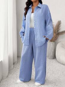 SHEIN Frenchy Conjunto informal de 2 piezas de talla grande para mujer con diseño de rayas azules y blancas suelto
