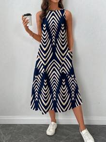 SHEIN LUNE 女士休闲几何条纹印花中长连衣裙，适合春夏季