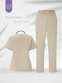 TaskEZ Solid Color Short Sleeve Top And Long Pants, Nursing Scrub Uniform Set