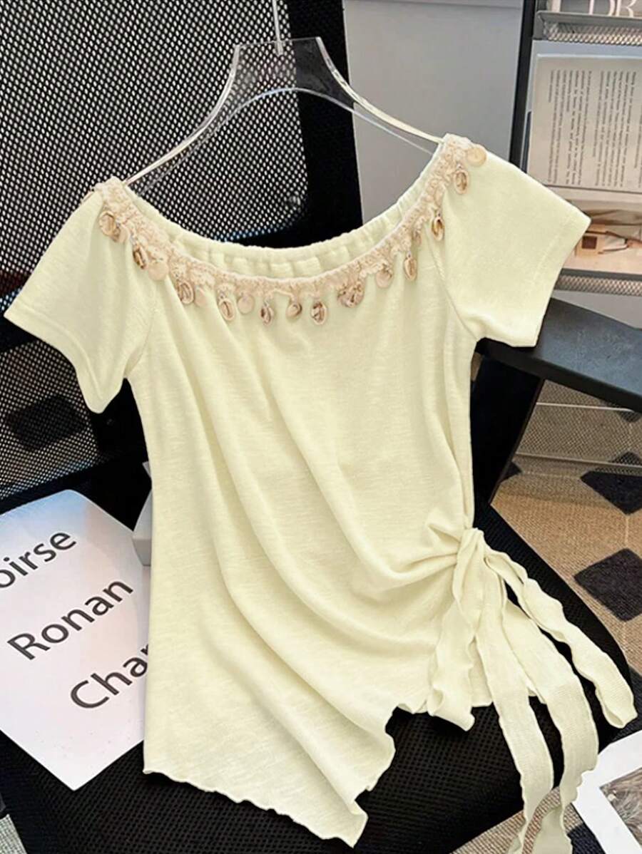 SHEIN Unity Women's Floral Print Tie Bow Asymmetrical Hem Scoop Neck Vacation Tee Shirt - Apricot - View 1