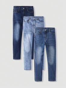 3件套青少年男童水洗牛仔裤，直筒裤套装，适合秋冬季校园、学院风穿着。 - 彩色 - 查看 1