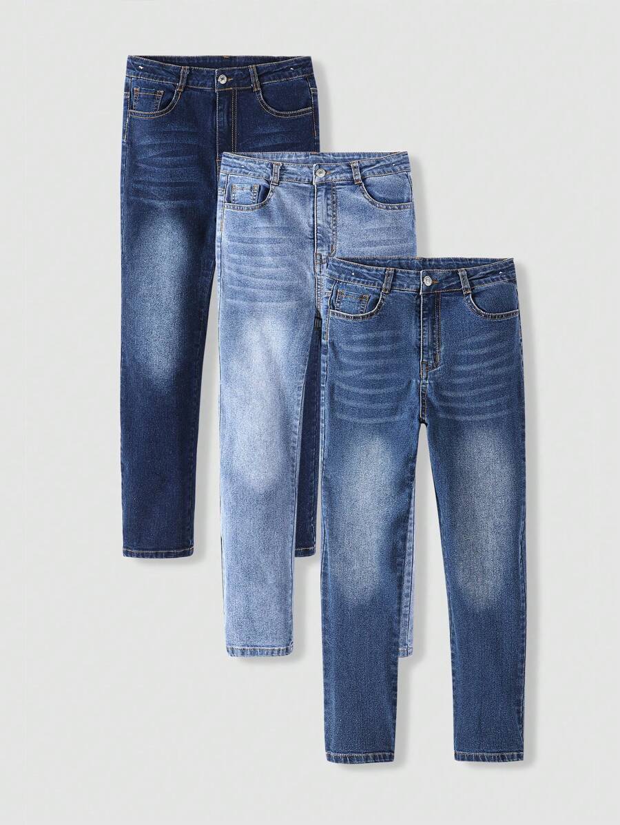 3件套青少年男童水洗牛仔裤，直筒裤套装，适合秋冬季校园、学院风穿着。 - 彩色 - 查看 1