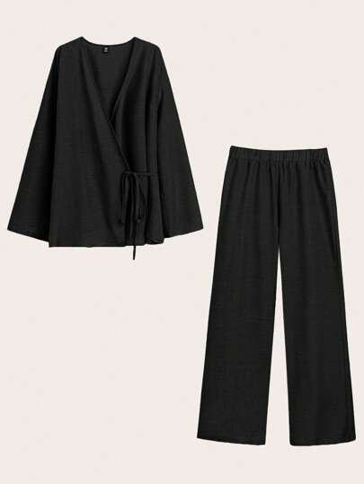 SHEIN Tall CURVE Plus Size Women's V-Neck Long Sleeve Cardigan And Wide-Leg Pants 2 Pieces Set, Casual, Versatile, Fashion, Suitable For Spring & Summer