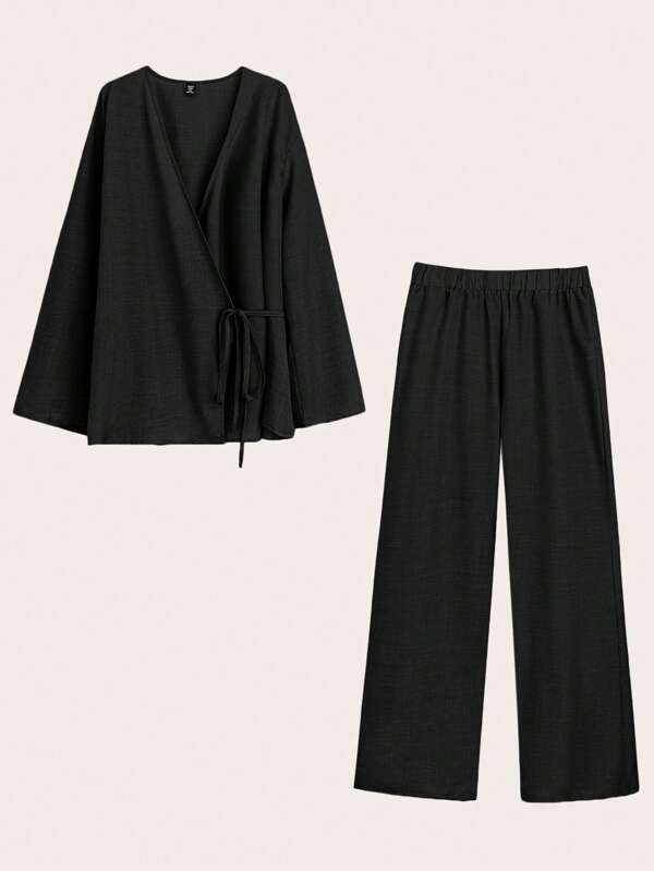 SHEIN Tall Ensemble 2 pièces grande taille pour femmes, comprenant un cardigan à col en V manches longues et un pantalon ample. Tenue casual, polyvalente et , convient pour le printemps et l'été