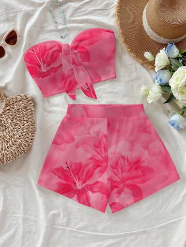Soleia 2pcs/Set Women's Floral Print Tube Top And Shorts Set, Summer Vacation Island Vacation Outfits