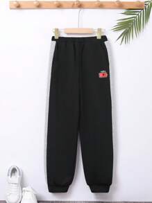 SHEIN 男大童字母貼布加絨內裏衛褲 - 黑色 - 查看 5