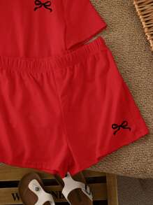 SHEIN Leap Crew Tween Girl Casual Minimal Bow Printed Short Sleeve T-Shirt And Shorts 2 Pieces Set, Suitable For Summer - Red - View 5