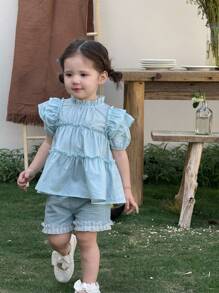 SHEIN Cute Babygirl Summer Vacation Light Blue-Green Ruffle Trim Top And Elastic Waist Shorts Set