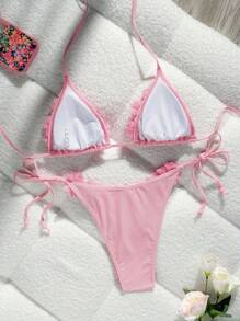 Swim Chiccia 2 件套女士海滩度假装，纯色优雅系带无袖上衣，3D 花卉装饰和下装，休闲比基尼泳装套装 - 淺粉色 - 查看 2