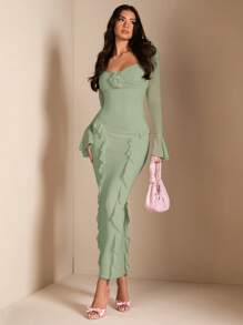 SHEIN BAE Elegant Floral 3D Decor Long Sleeve Ruffled Hem Dress, Perfect For Daily Wear, Dates, Outings, Parties, Fall Outfit For Women,Mint Green Dress