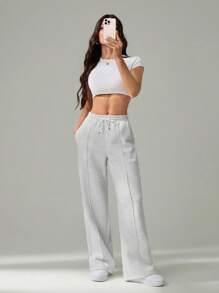 SHEIN Tall Women's Fall Pebble Detail Straight-Leg Sweatpants Graduation,Back To School Outfits,Graduation,Teacher Outfits For Women,Back To School - Grey - View 3