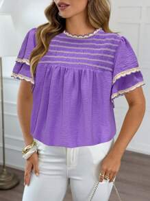 Flirla Plus Size Elegant Bohemian Style Double Layer Ruffle Trim Short Cap Sleeve Casual Blouse - Purple - View 5