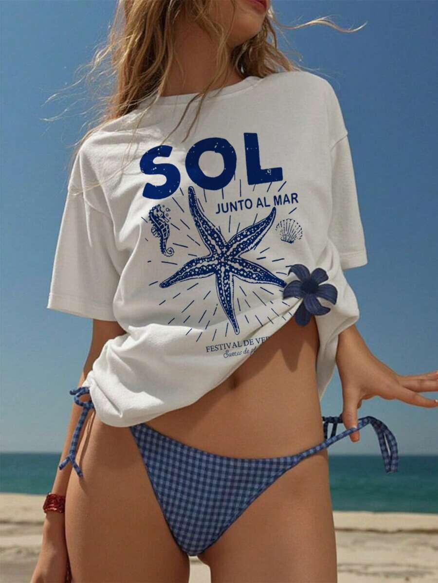 SHEIN Bubbli Women's White Starfish Loose Casual Crew Neck Short Sleeve Top - White - View 1