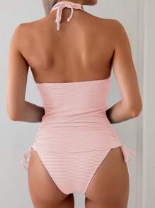 Women Beach Wear Summer Outfits - Spaghetti Strap Bikini Set, V-Neck Ruffled Top, Drawstring Side Skinny Bottoms, Backless Casual Striped Swimsuit - Pink - View 2