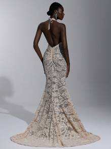 Elitara 优雅杏色纯色蕾丝吊带性感透明美人鱼露背长礼服，适合约会、海滩度假、毕业典礼、婚礼、正式场合、派对礼服、晚会、婚礼宾客 - 杏色 - 查看 1