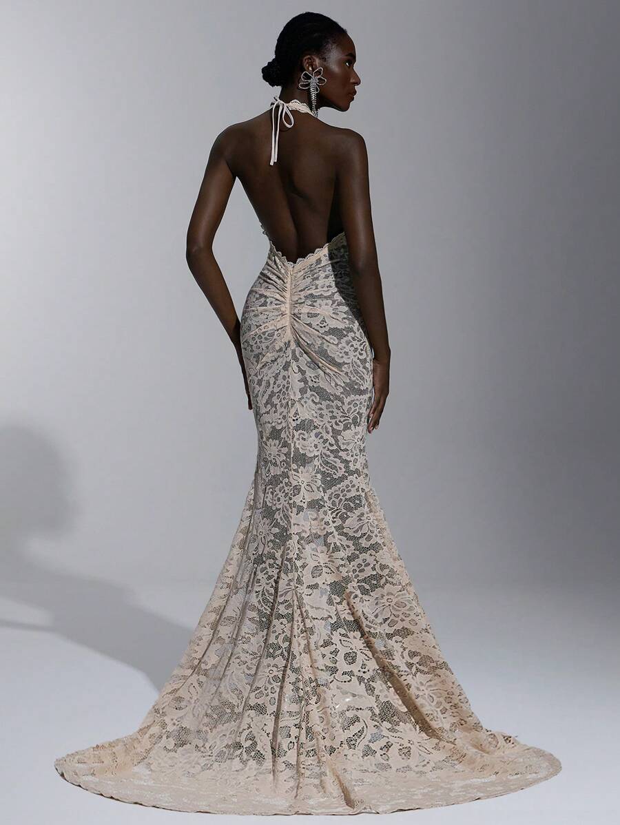 Elitara 优雅杏色纯色蕾丝吊带性感透明美人鱼露背长礼服，适合约会、海滩度假、毕业典礼、婚礼、正式场合、派对礼服、晚会、婚礼宾客 - 杏色 - 查看 1