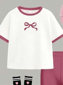 SHEIN Leap Crew 2 件套青少年女孩休闲简约短袖 T 恤和短裤套装，适合夏季 - 彩色 - 查看 4