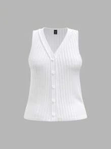 SHEIN BASICS Camiseta de punto sin mangas con cuello en V de unicolor, de ajuste entallado y casual, talla grande - Blanco - Ver 1