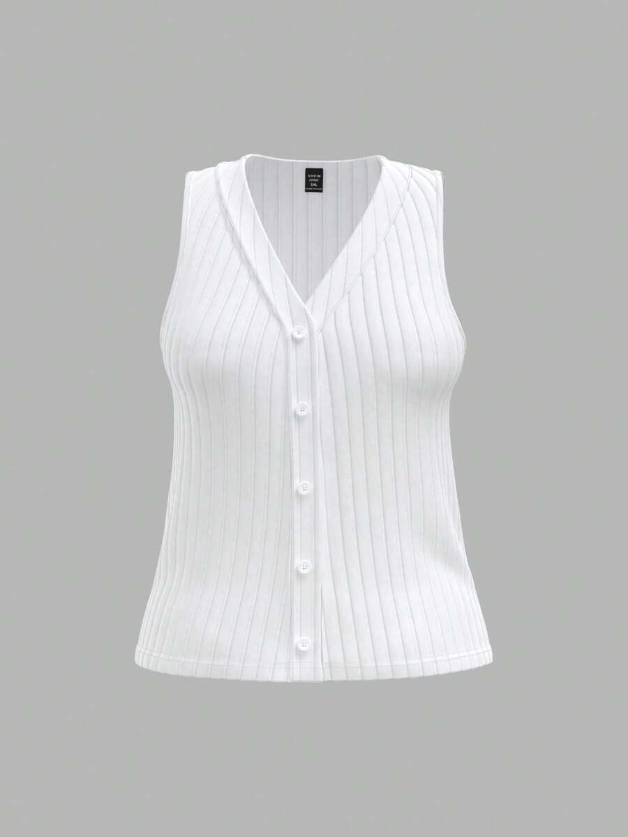 SHEIN BASICS Camiseta de punto sin mangas con cuello en V de unicolor, de ajuste entallado y casual, talla grande - Blanco - Ver 1