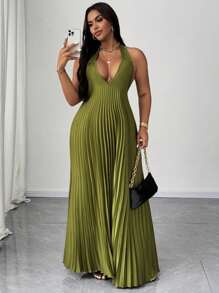 Maweii 大码浪漫优雅性感夏日度假系带褶皱缎面连衣裙 - 綠色 - 查看 1
