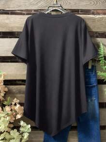 Plus Size Women's Solid Color Round Neck Short Sleeve Button Design Casual T-Shirt - Dark Grey - View 2