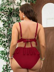 Swim Vcay Bộ bikini viền bèo nhún màu trơn cỡ lớn cho nữ - Màu Đỏ Sâu - Xem 2