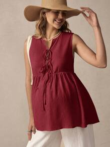 Boho Mama Maternity Casual Solid Color Front Tie Sleeveless Shirt, Summer - Burgundy - View 7