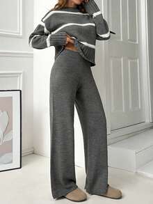 EURMUSE Women High Neck Striped Knit Sweater And Cozy Knit Sweater Pant 2pcs Set Co-Ords Knit Two Piece Set Grey Two Piece Set Two Piece Lounge Set Striped Two Piece Set Comfortable Two Piece Set,Winter Clothes - Dark Grey - View 6