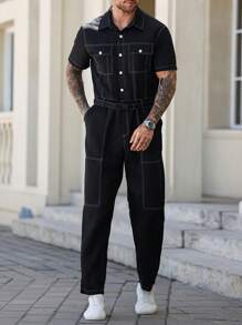 Manfinity Homme Men's Flap Pocket Drawstring Waist Shirt Jumpsuit Overall Men Men S Overall Men S Overalls Overalls For Men Men S Jumpsuit