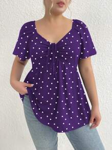 SHEIN LUNE Plus Size Women Polka Dot Print Drawstring Front Short Sleeve Fitted Knit T-Shirt, Summer - Multicolor - View 5