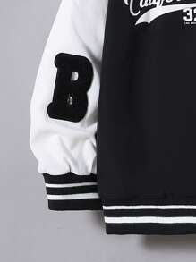 SHEIN 男小童字母圖案條紋飾邊學院風夾克 - 黑與白 - 查看 5