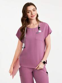 Scrubzie Conjunto de uniforme de ropa médica con top de cuello redondo de color liso con bolsillo y pantalones