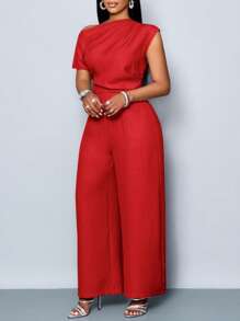 SOLERSUN Bộ jumpsuit nữ cỡ lớn thời trang, màu trơn, dáng rộng, thanh lịch, phù hợp cho đi làm và du lịch hàng ngày, dễ phối đồ. Thiết kế xếp ly trễ vai, cổ áo bất đối xứng, tay ngắn và ống quần rộng. Kín đáo, hoàn hảo cho các bữa tiệc, những dịp lãng mạn, Ngày Valentine, Ngày Thánh Patrick, Lễ Phục Sinh. - Đỏ - Xem 2