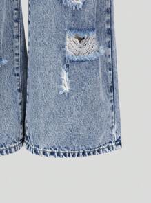 Sparklyn 时尚少女中长款水洗破洞松紧腰直筒休闲牛仔裤 - 中等水洗藍 - 查看 5