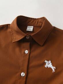 SHEIN 2pcs/Set Young Boy Embroidery Long Sleeve Shirt And Pants Gentleman Suit Chic Outfits For Autumn/Winter - Brown - View 4