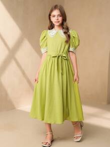 Tween Girl Casual Academy Style Lace Trim Colorblock Red Formal Party Occasion Dress - Green - View 3