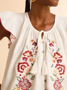 CAJUNI 女士休闲度假白色梭织刺绣盖袖撞色饰边纽扣流苏领带沙滩背心，宽松版型 - 彩色 - 查看 7