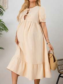 SHEIN Váy bà bầu tay bồng ngắn kẻ sọc nơ - Màu vàng - Xem 5