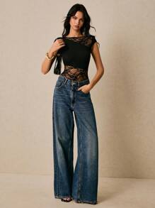 Poéselle Women's Contrast Lace Bodysuit With Capped Sleeves, Slim Fit & Sexy