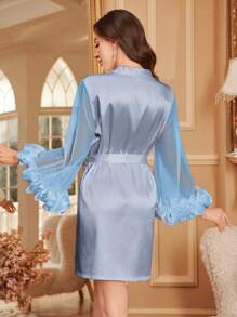 Women's Sexy Satin Robe With 3D Floral Trim Luxeloungewear