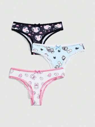 Kawaii 3 Stücke/Set Hübsche Katzen & Hasen Spitzenbesatz Damen Unterwäsche Slips