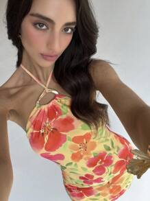 Aloruh Women's Beach Floral Print Ring Decor Halter Backless Mini Dress - Multicolor - View 2