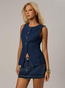 Avantive 夏季新款女士无袖褪色蓝色牛仔衬衫/背心，通勤装 - 深色水洗藍 - 查看 5