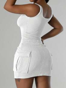 INAWLY Plus Size Women Sleeveless Side Pocket Mini Dress, Summer - White - View 2