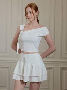 SHEIN MOD Dreamy Romantic White Ruffled Asymmetrical Women's Vest And Two-Tiered Skirt Set With Unique Shoulder Straps - Perfect For Vacations, Dates, Birthday Celebrations, Afternoon Teas, And Festivals,Summer,Beach Outfits For Woman,Vacation Outfits Women,Rave Outfits,Country Concert Outfit - White - View 4
