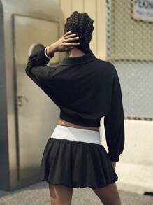 SHEIN Sports 女士纯色落肩长袖短款上衣和迷你裙户外套装 - 彩色 - 查看 2