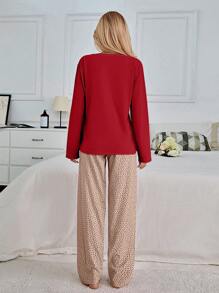 SHEIN Cottnline 100%纯棉两件套眼睛和心形印花睡衣套装 - 紅色 - 查看 2