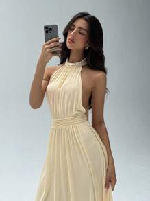 Aloruh Women's Elegant Sexy Wedding Guest Dress Cocktail Dance Graduation Season Dress Birthday Party Dress Seaside Holiday Daily Leisure Commuting Simple Solid Color Maxi Dress Apricot Mesh Knitted Halter Backless Vacation Dress,Graduation,Teacher Outfits For Women,Teacher Dress - Apricot - View 8