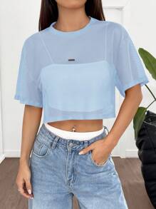 SHEIN EZwear Light Blue See-Through Mesh Knit T-Shirt For Women - Baby Blue - View 5