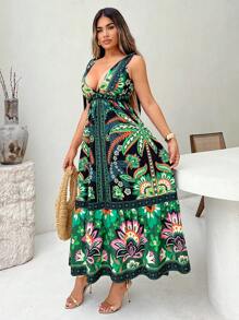 SHEIN SXY Damen Lässig Urlaub Tropical Muster rückenfrei Kleid - Verschiedenfarbig - Übersicht 3